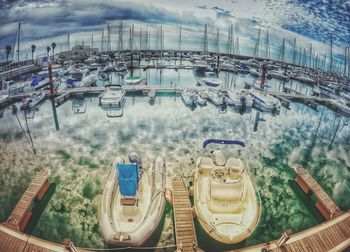 High angle view of boats moored in sea