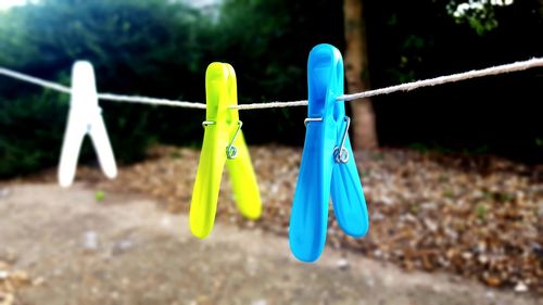 Close-up of clothes drying on clothesline