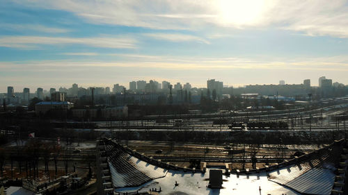 High angle view of cityscape against sky during sunset