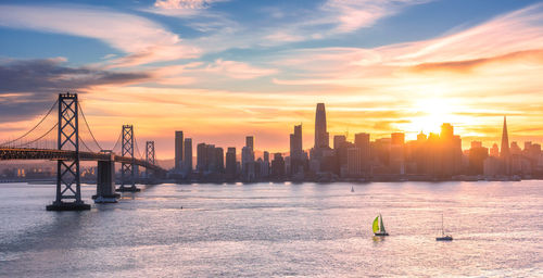 Sunset behind the san francisco skyline seen from treasure island