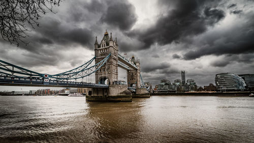 View of bridge over river against cloudy sky