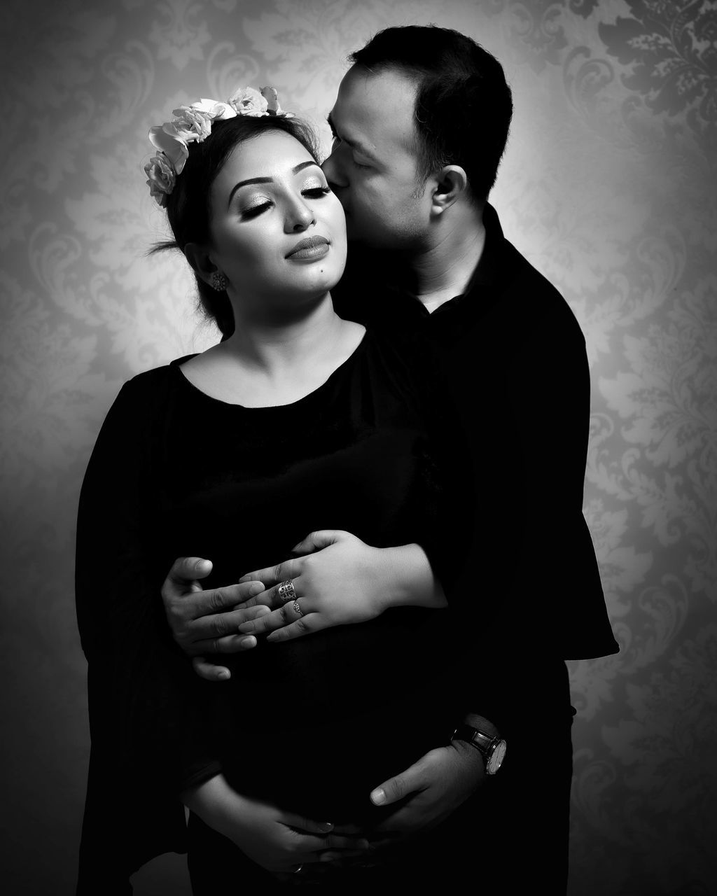 black and white, two people, adult, women, love, togetherness, monochrome photography, black, emotion, indoors, men, female, positive emotion, monochrome, young adult, person, studio shot, romance, bonding, portrait, affectionate, standing, embracing, waist up, human face, child, happiness, lifestyles