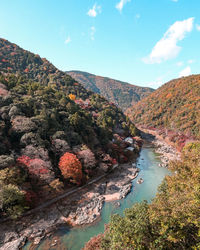 High angle view of river amidst trees against sky