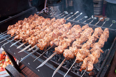 Close up of some meat skewers, grilled in a barbecue, shashlik or shashlyk of pork for a pic nic