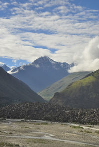 View of mountains with bhaga river in darcha, lahaul and spiti, himachal pradesh, india 