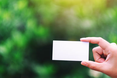 Close-up of hand holding paper with text