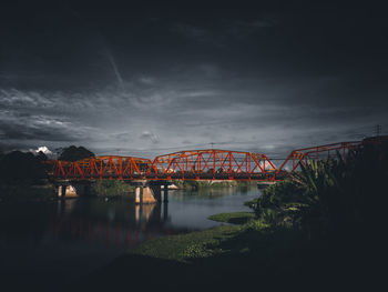 Bridge over river against sky at dusk