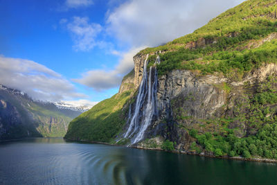 Scenic view of the seven sisters waterfalls in the geirangerfjord in the morning