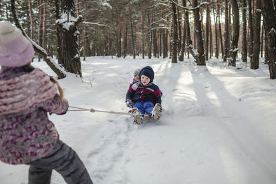 Happy friends have fun in wonderland, little girl pulls a sledge across snow-covered winter forest