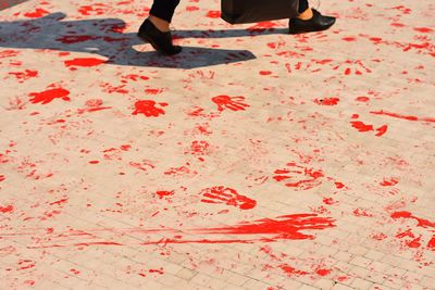 Low section of woman walking on red markings over footpath