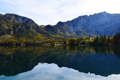 Scenic view of lake and mountains against sky