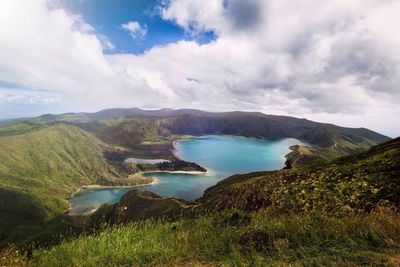 Scenic view of lake against cloudy sky