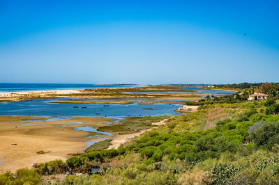 Scenic view of sea against clear blue sky