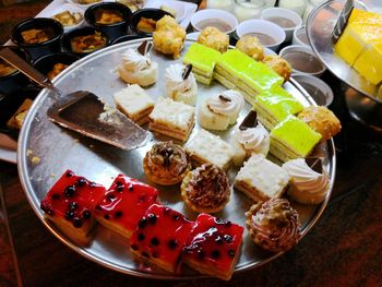 High angle view of dessert in plate on table