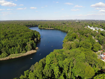 High angle view of trees on landscape against sky