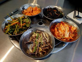 High angle view of meal served on table
