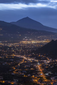 Aerial view of illuminated cityscape against sky at night