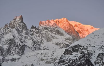 Scenic view of snowcapped mountains against clear sky