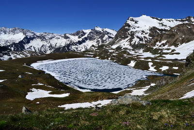 Scenic view of snowcapped mountains against clear sky