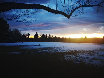 Silhouette trees by lake against sky during sunset