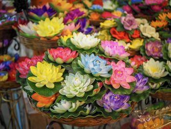 High angle view of various flowers at market