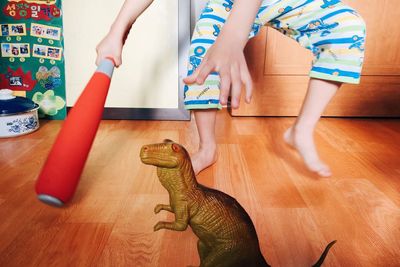 Low section of boy with dinosaur toy at home