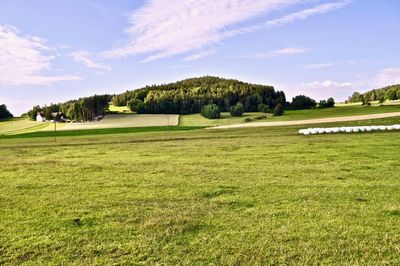 Scenic view of golf course against sky