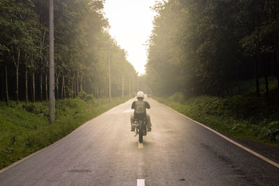 Rear view of man riding bicycle on road