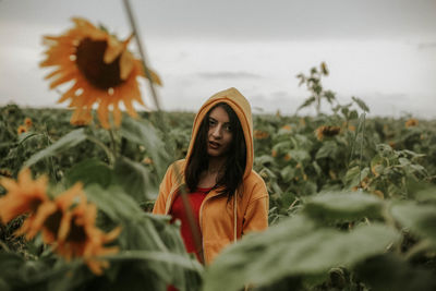 Young woman standing amidst sunflowers on field