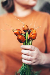 Woman harvesting carrots from backyard garden