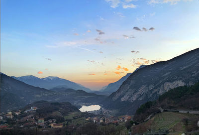 Scenic view of mountains against sky during sunset