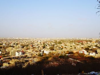 High angle shot of townscape against sky