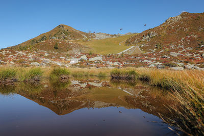 Scenic view of lake against clear blue sky