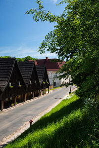 Footpath by houses on field against sky