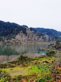 Scenic view of lake and mountains against clear sky