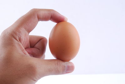 Close-up of hand holding apple against white background