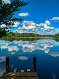 Scenic view of calm lake against cloudy sky