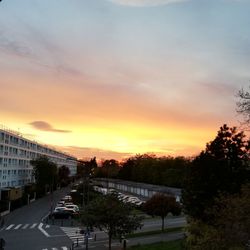 Road by trees against sky during sunset