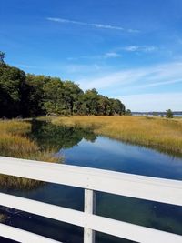 Scenic view of lake against blue sky