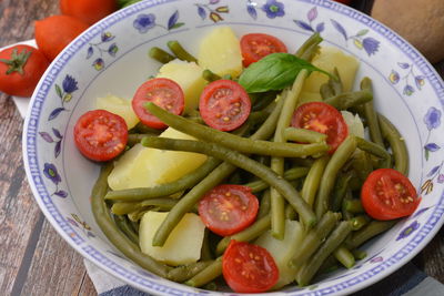 High angle view of salad in bowl on table