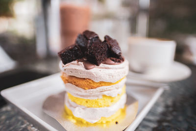 Close-up of cake in plate on table