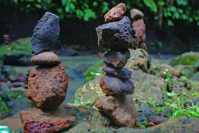 Close-up of stone stack on rock