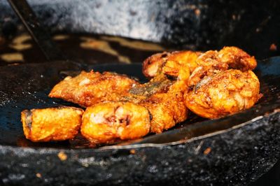 Close-up of meat on barbecue grill