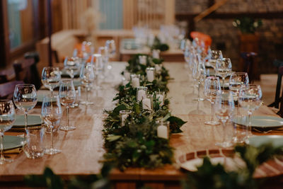 Wineglasses on dining table at banquet
