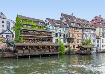 Buildings by river against sky