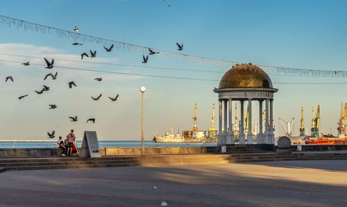 Alcove on the embankment of the sea of azov in berdyansk, ukraine, in an early summer morning