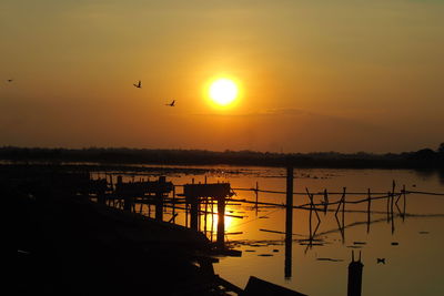 Silhouette birds flying over sea against orange sky