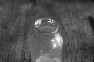 High angle view of water in glass bottle on table