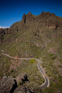 Scenic view of mountains against clear blue sky