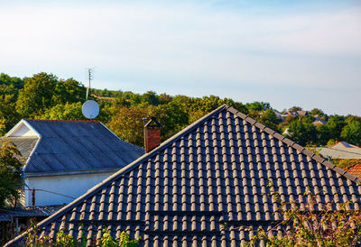 Country house with metal tile roof . rooftop and chimney